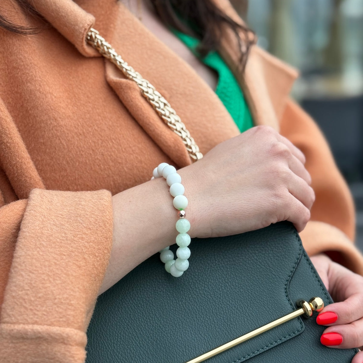 Burmese jade and White Coral bracelet with rose gold