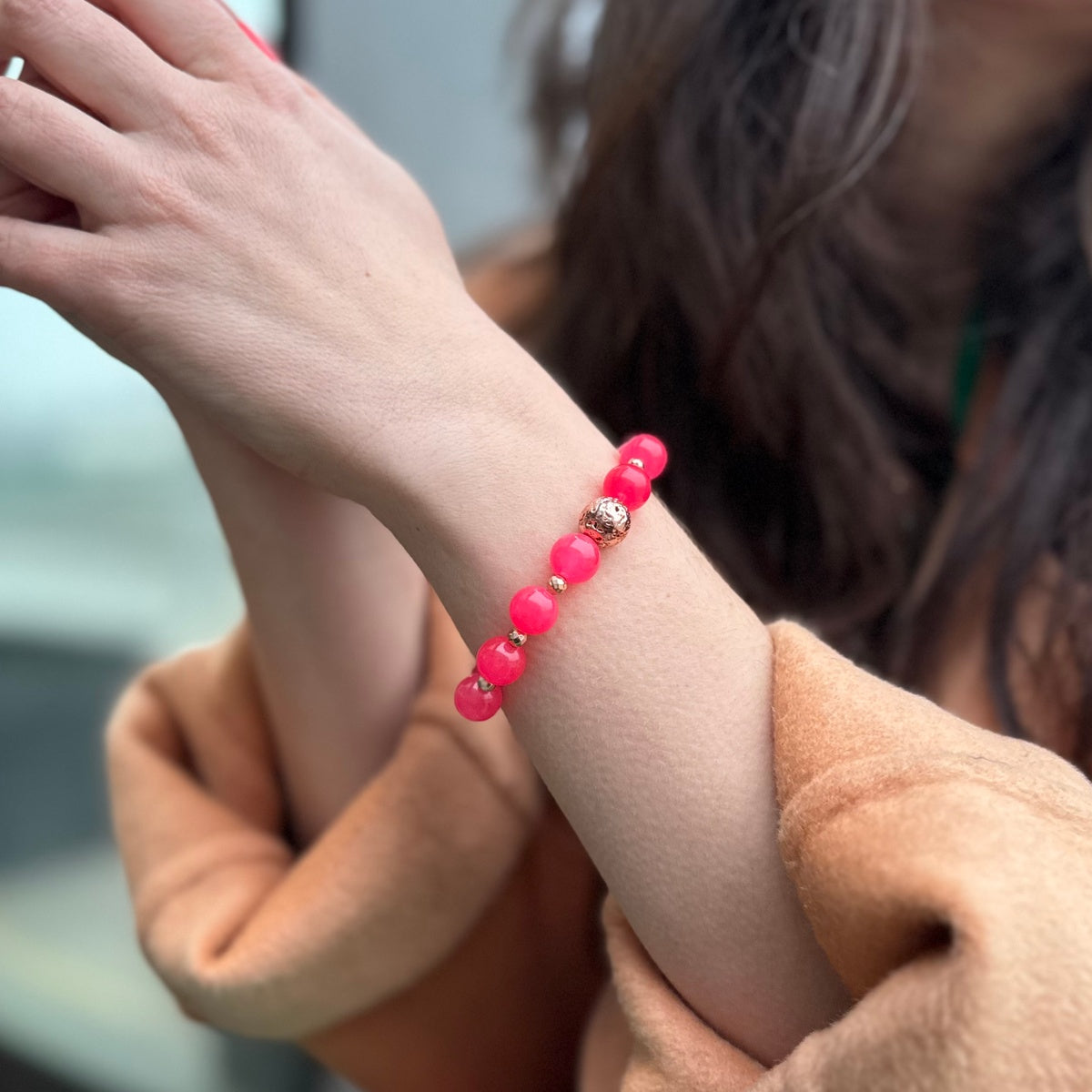 Fuchsia Pink Jade Bracelet | Rose Gold Hematite