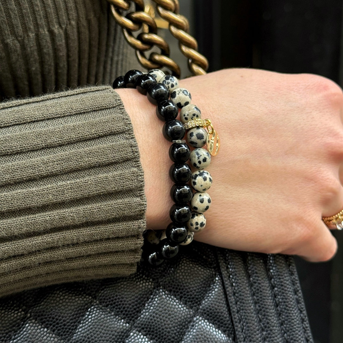 Women’s Dalmatian Jasper & Black Onyx Bracelet Set