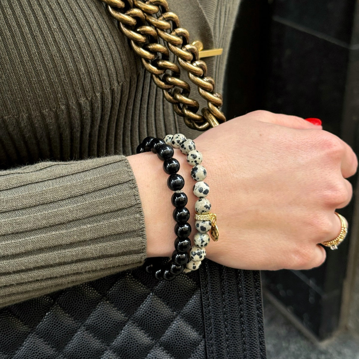 Women’s Dalmatian Jasper & Black Onyx Bracelet Set