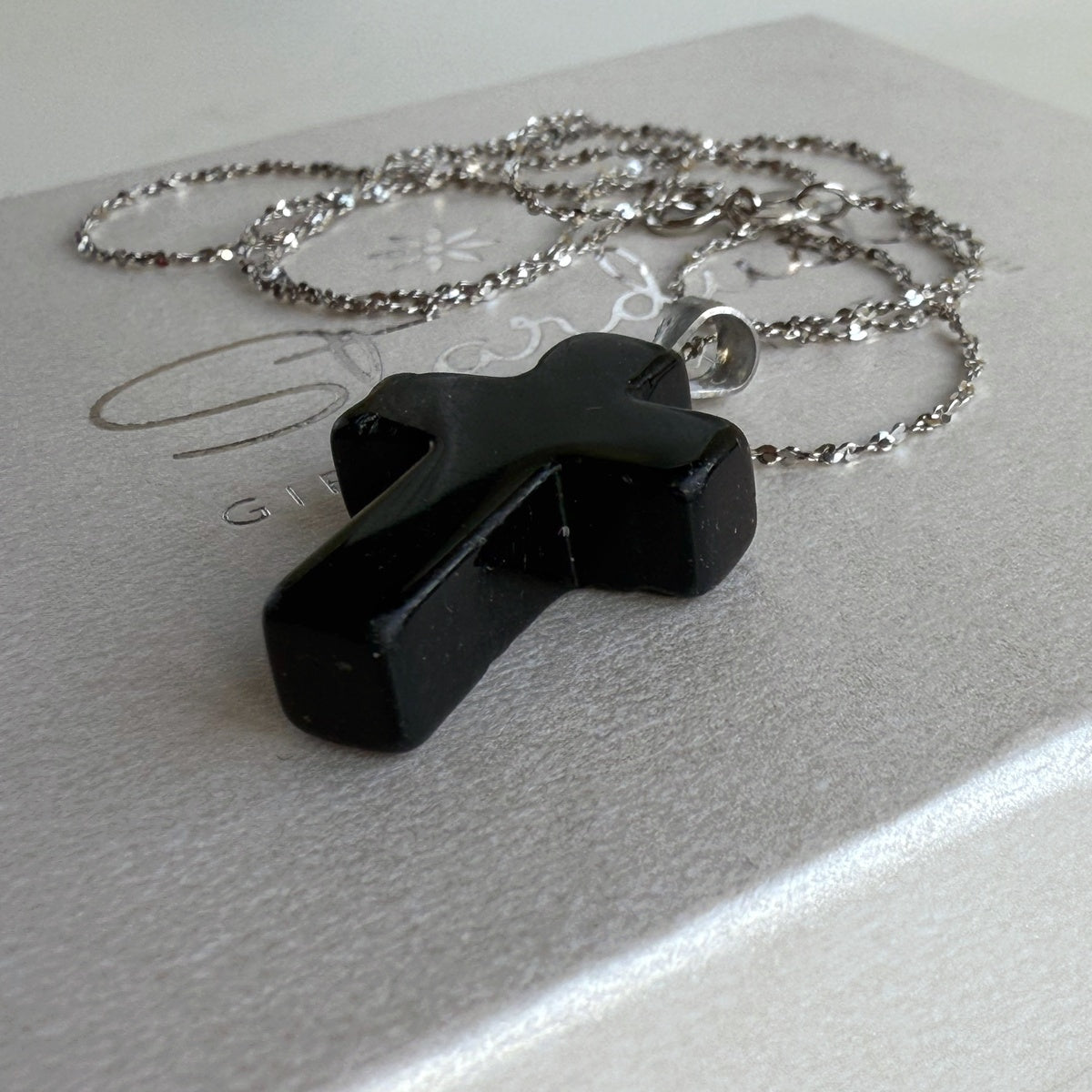 Natural Black Obsidian Cross Pendant Necklace | Hand-Carved Gemstone Jewelry