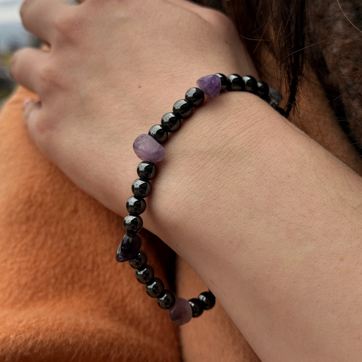 Hematite & Amethyst Bracelet | Natural Grey Gemstone Jewelry
