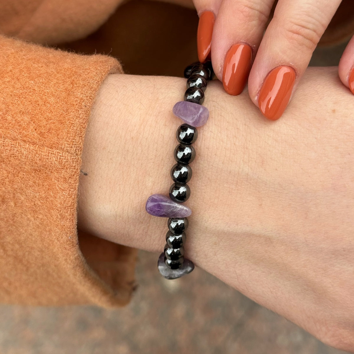 Hematite & Amethyst Bracelet | Natural Grey Gemstone Jewelry
