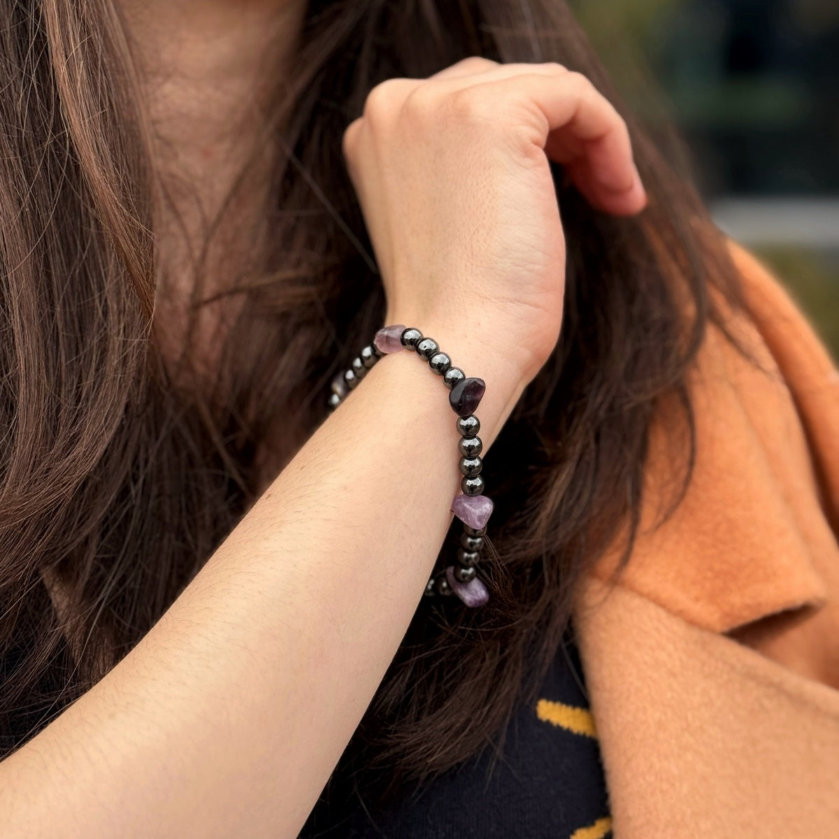 Hematite & Amethyst Bracelet | Natural Grey Gemstone Jewelry