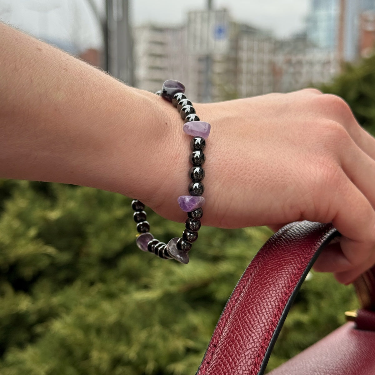Hematite & Amethyst Bracelet | Natural Grey Gemstone Jewelry