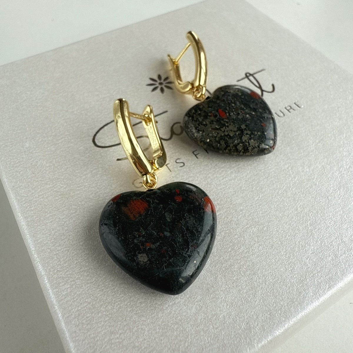 Bloodstone heart earrings gold plated