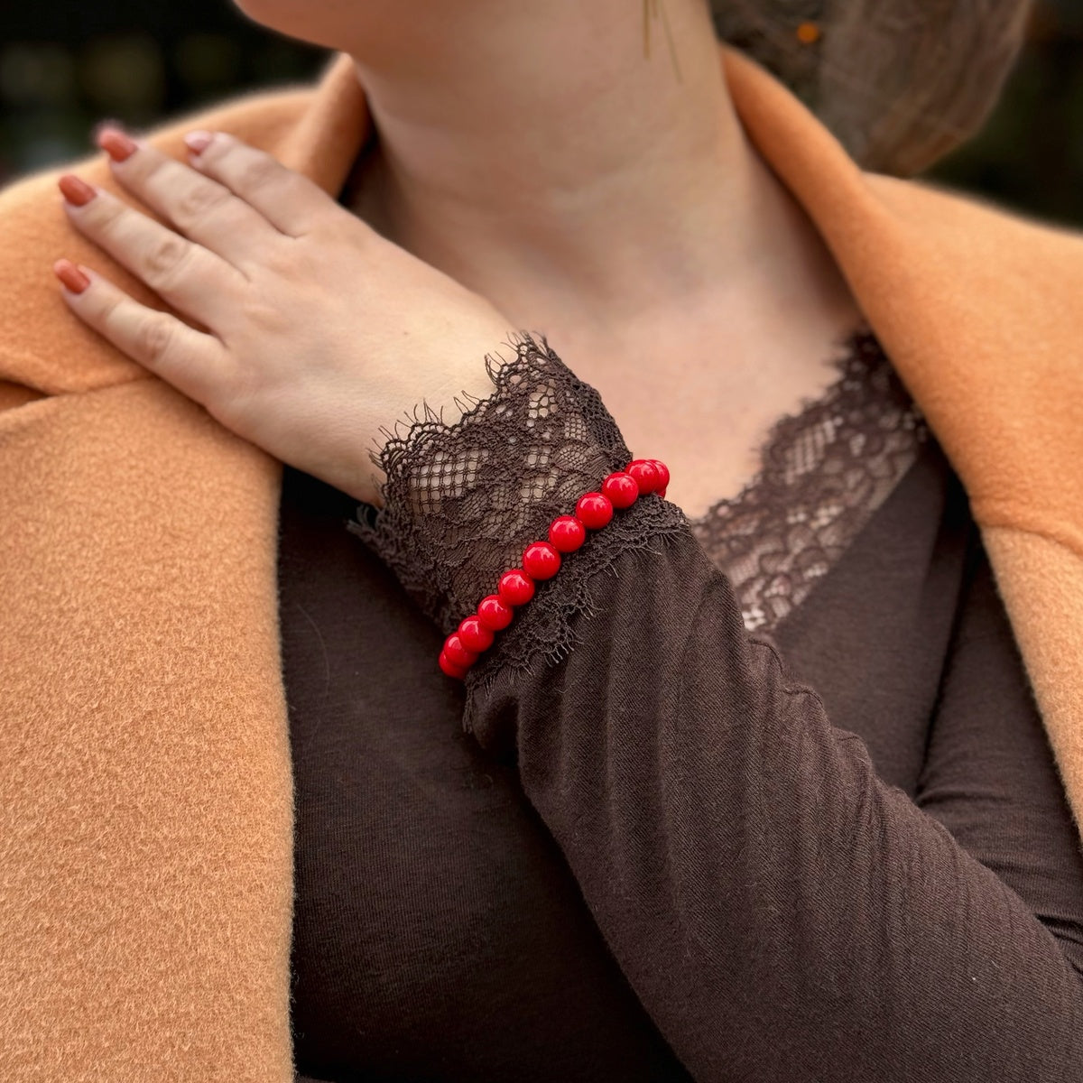 5a Red 8mm Smooth Round Coral Bracelet
