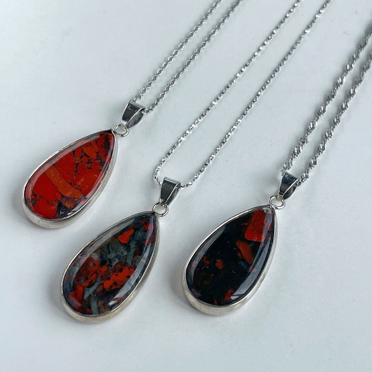 Natural Bloodstone Teardrop Pendant 3cm | Silver Necklace