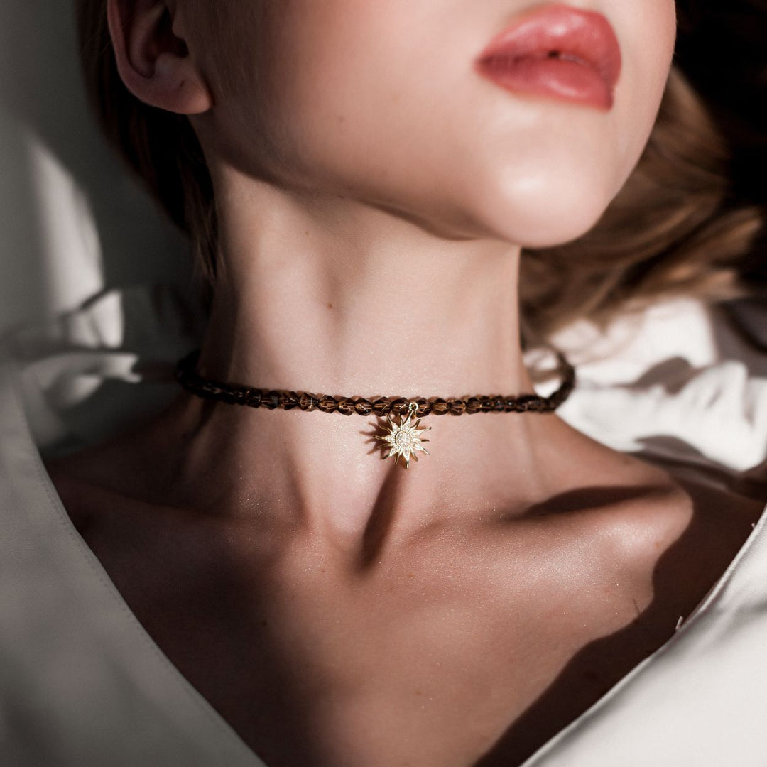Luxury Smoky Quartz beaded necklace with gold Sun charm