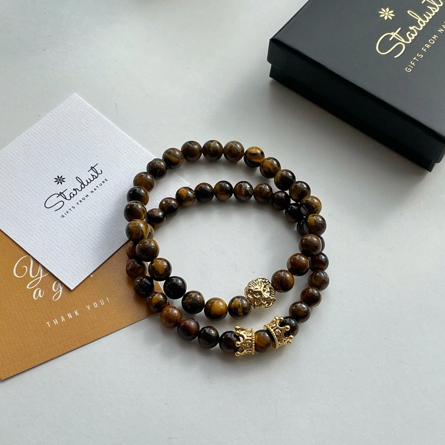 Men’s Tiger Eye Bracelet Set | Silver, Gold & Black Lion