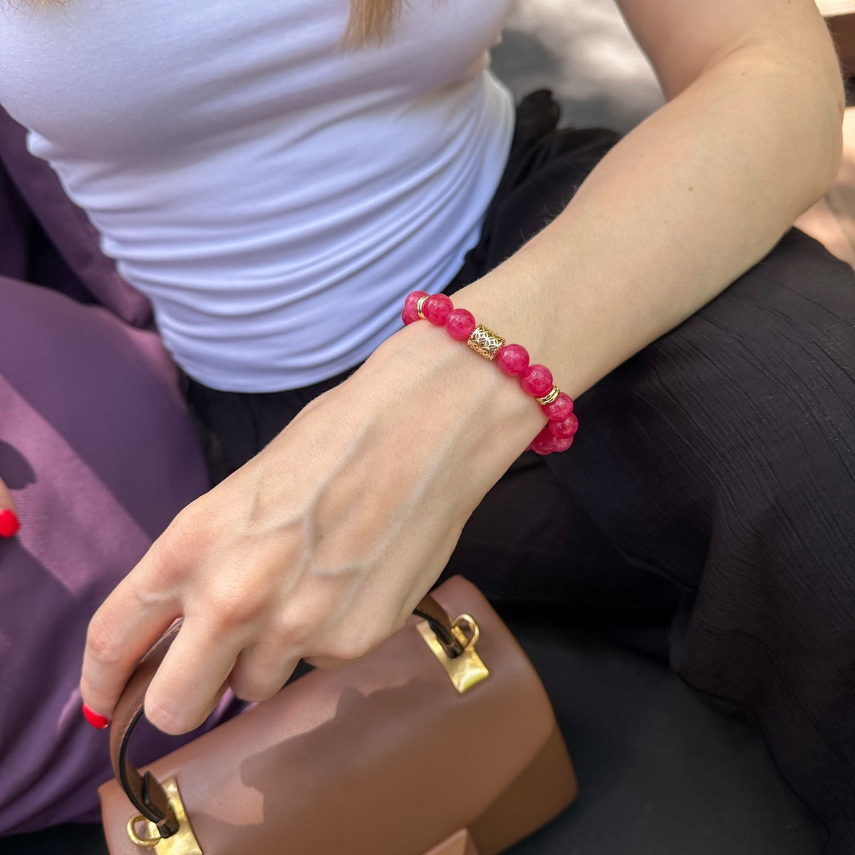 Hot Pink Jade Bracelet | 18K Gold-Plated Beaded Jewelry