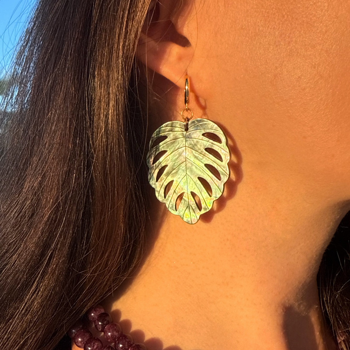 Abalone Shell Monstera Leaf Earrings