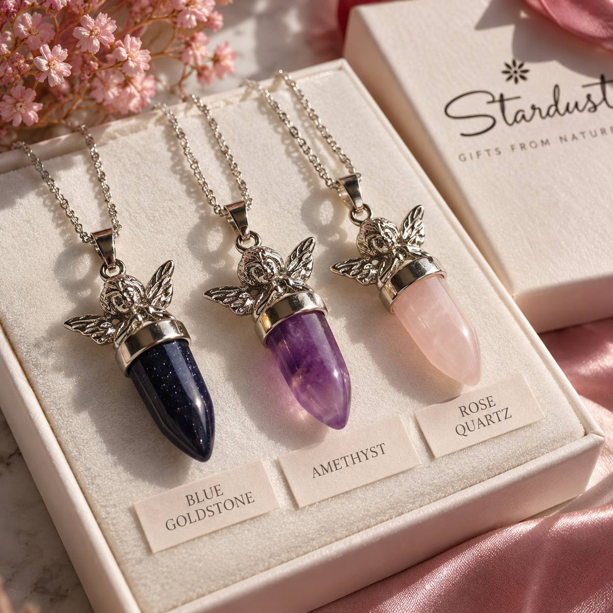 Gemstone Angel Point Pendant Necklace | Silver