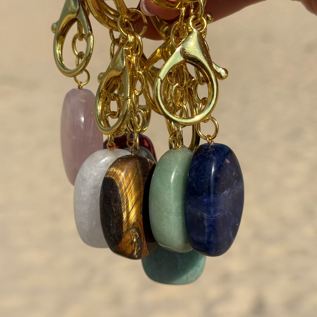 Natural Crystal Keychain, Large Tumbled Gemstone Keychain, Crystal Gift, Gold Keyring with Clasp
