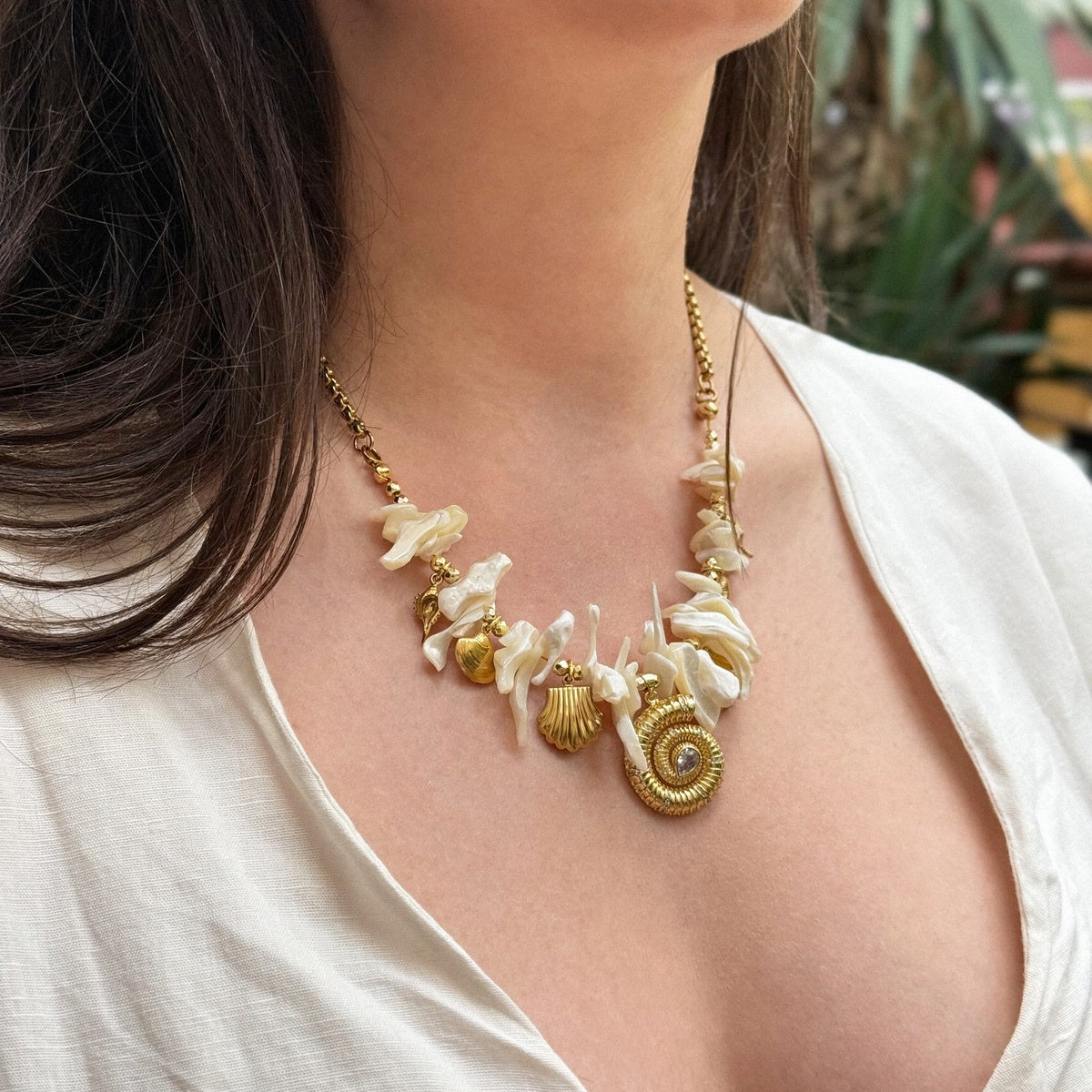 Designer Mother of Pearl Statement Necklace | Gold Shell Jewelry