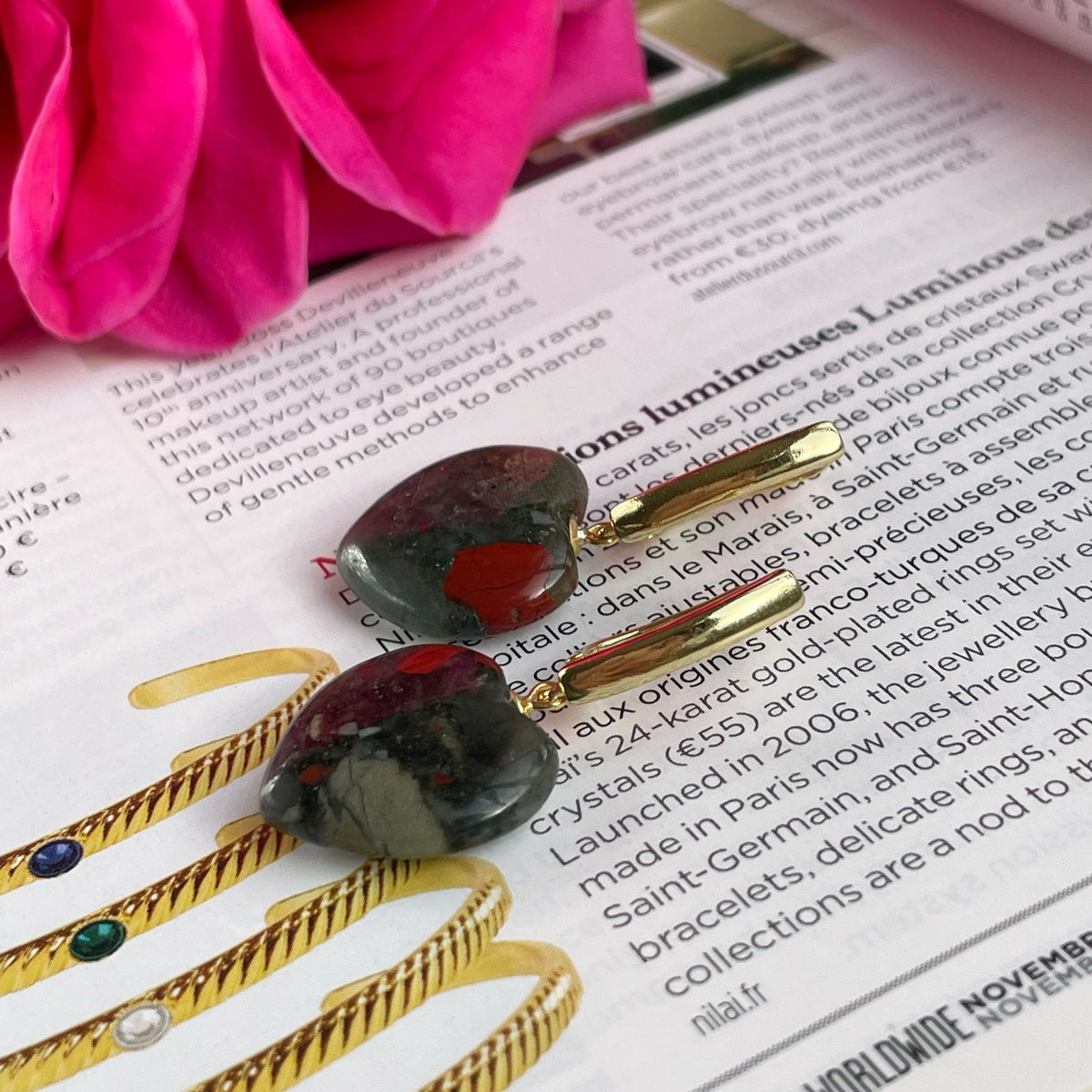 Bloodstone heart earrings gold plated