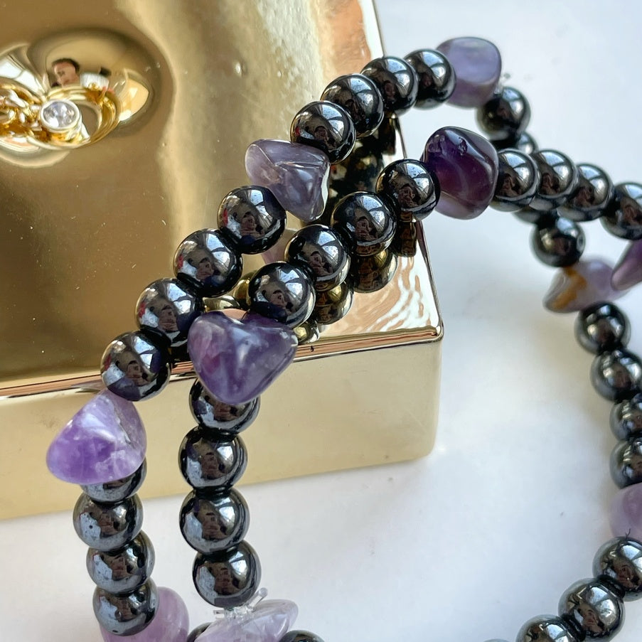 Hematite & Amethyst Bracelet | Natural Grey Gemstone Jewelry