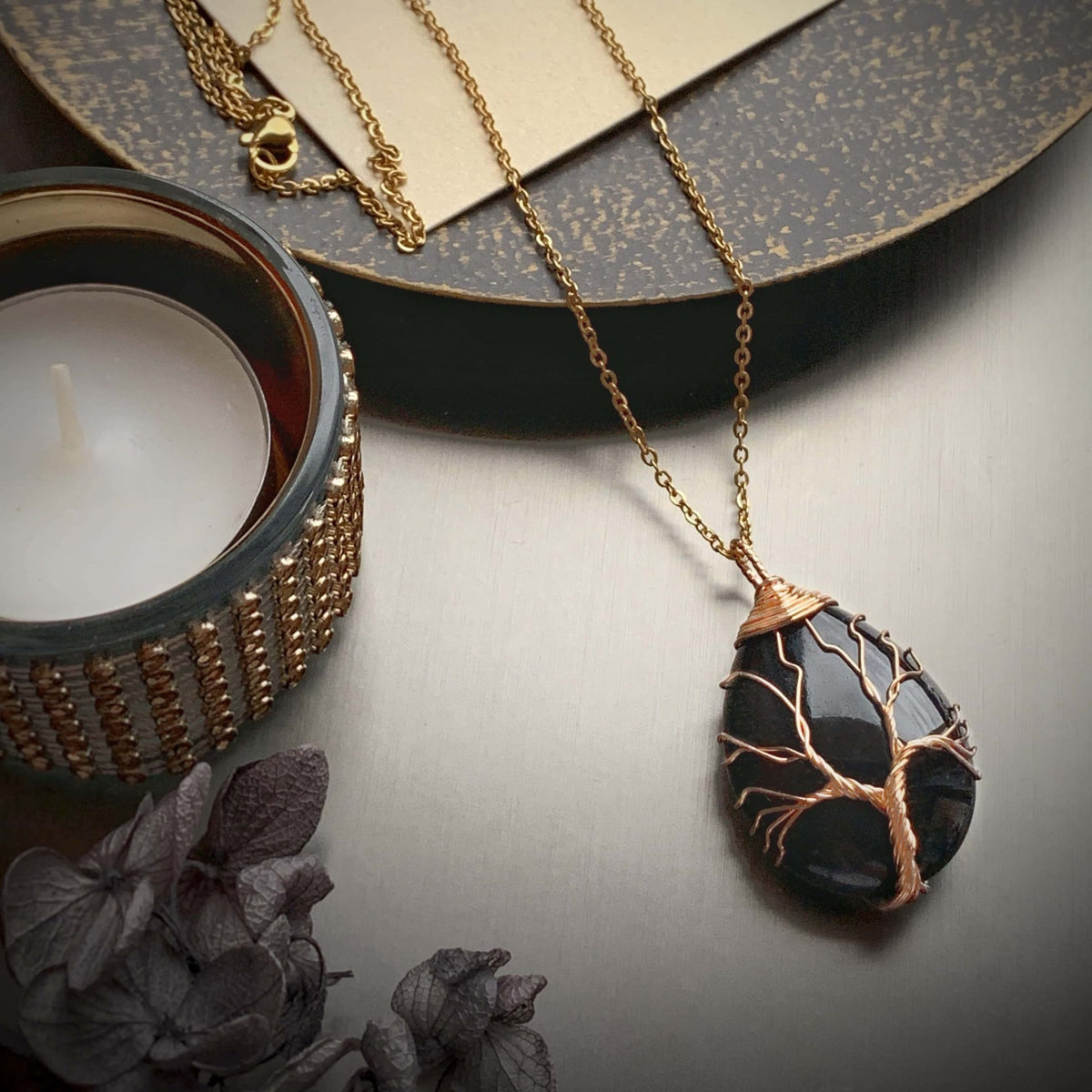 Obsidian Pendant, gold wired Tree Of Life pendant