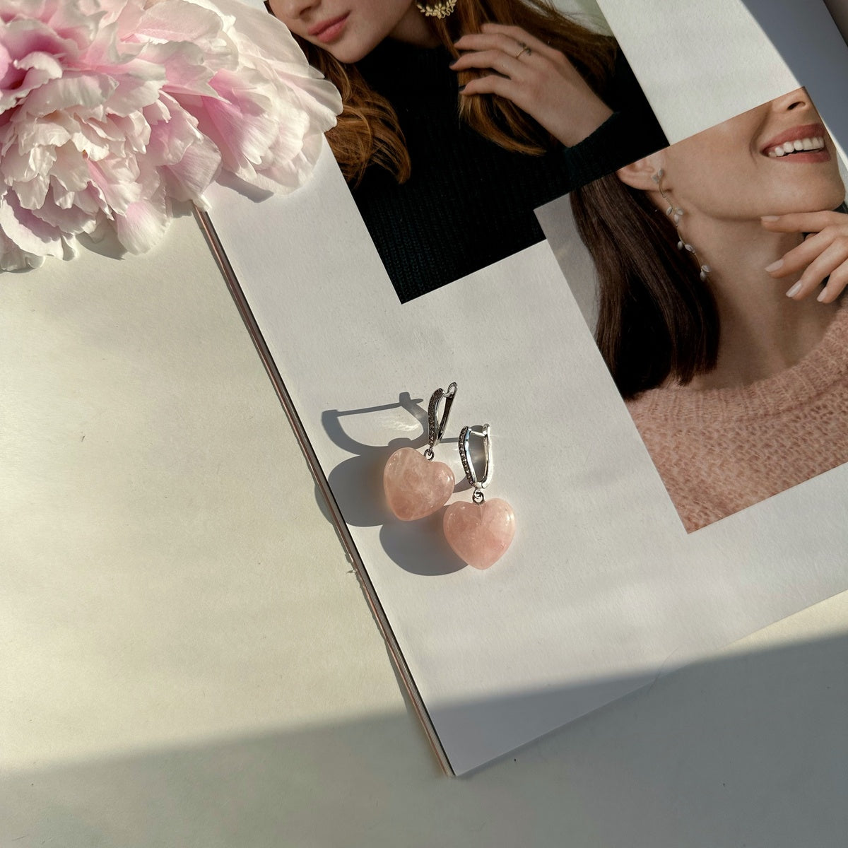 Rose Quartz Heart Earrings | Rhodium-Plated & Sparkling Zirconia