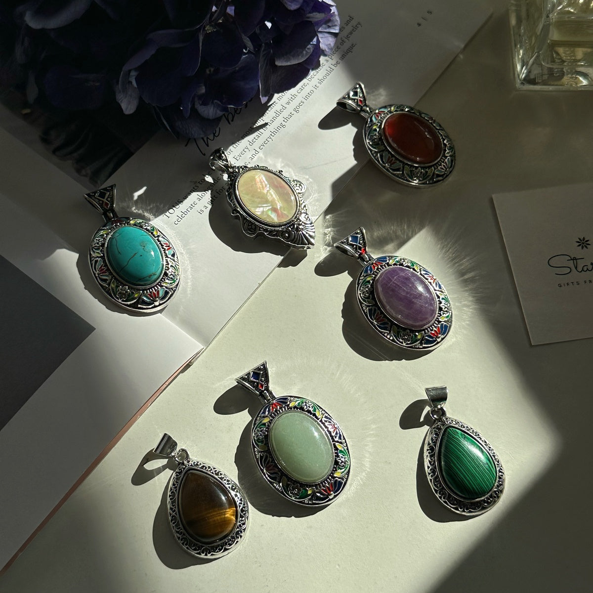 Vintage Floral Frame Gemstone Necklace | Natural Stone Pendant