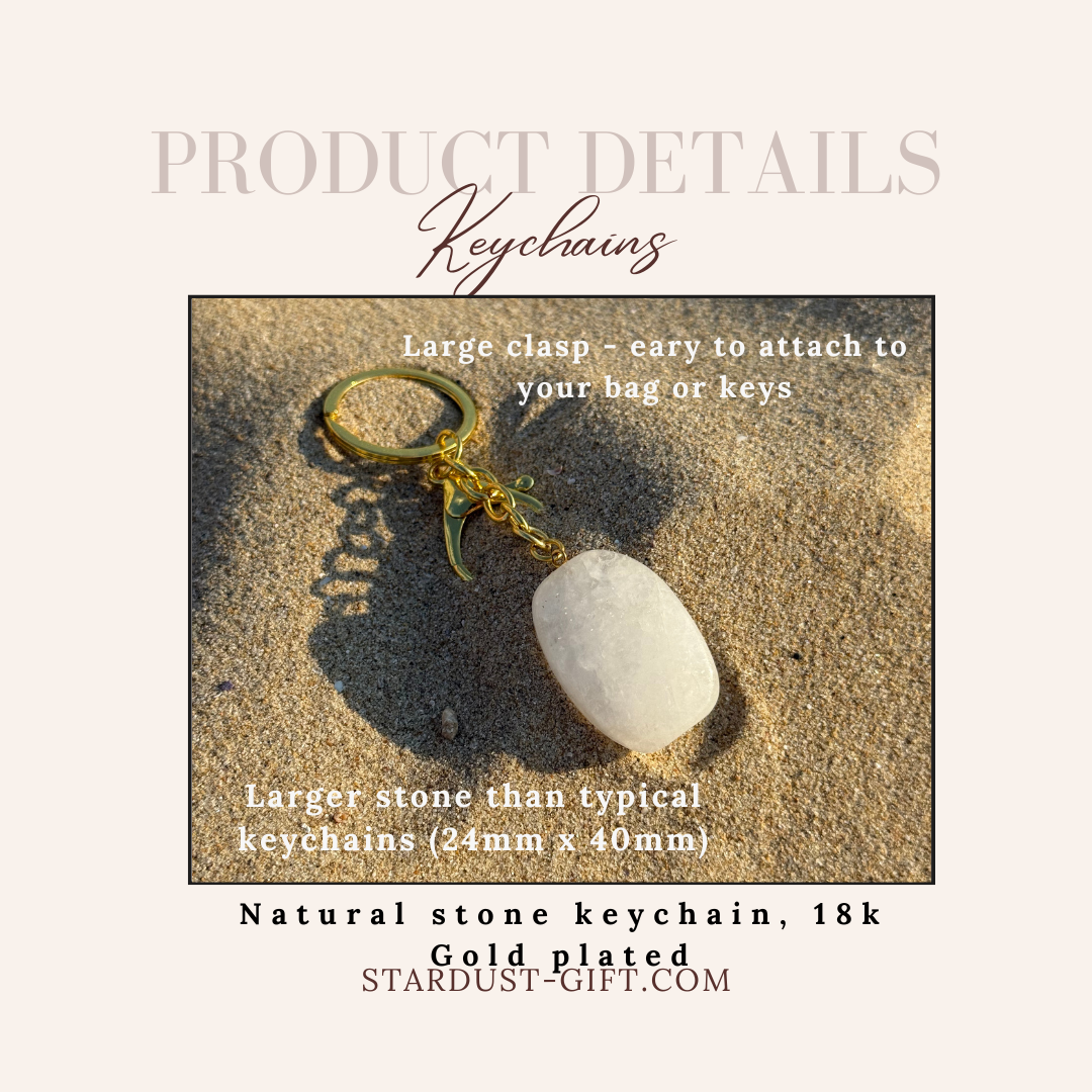 Natural Crystal Keychain, Large Tumbled Gemstone Keychain, Crystal Gift, Gold Keyring with Clasp