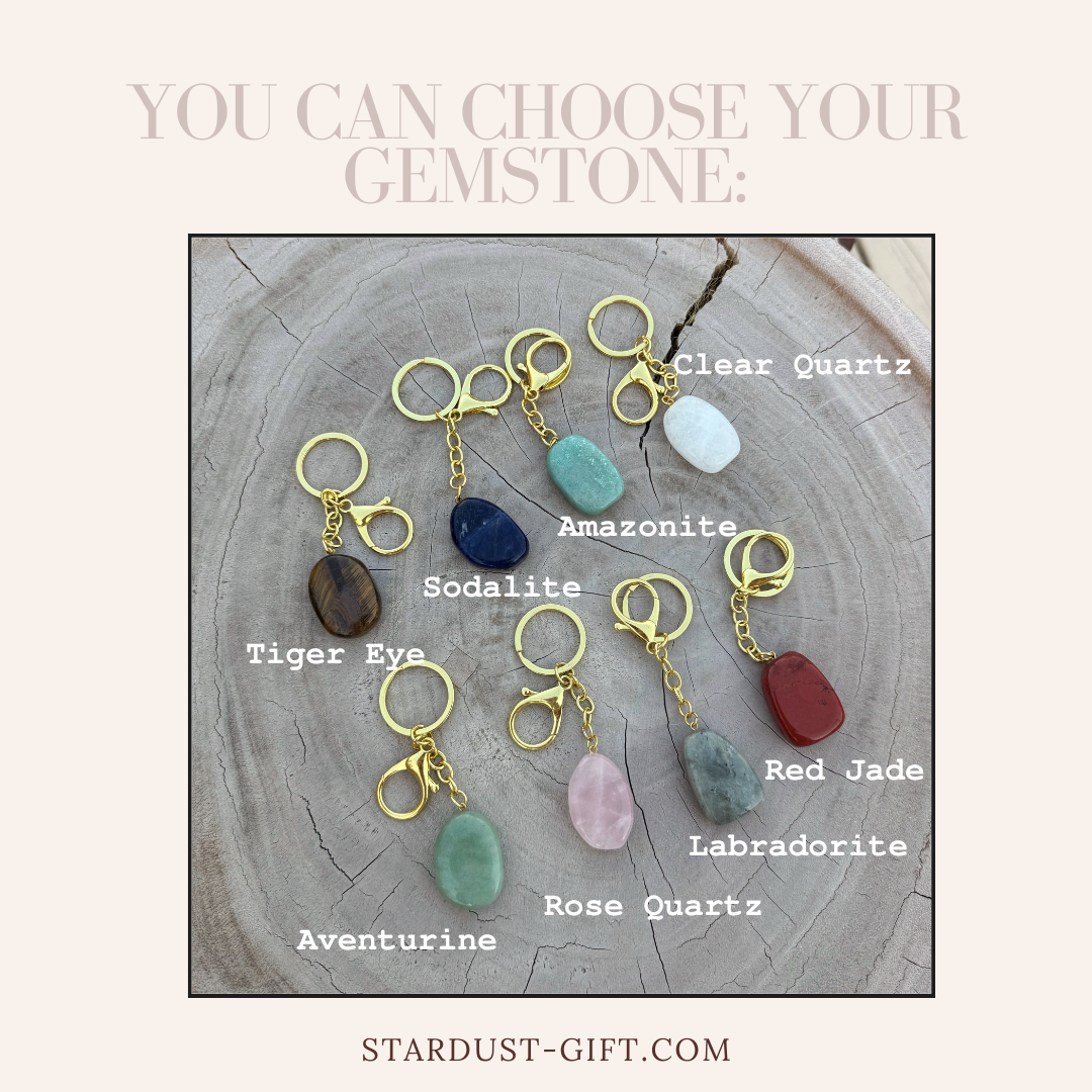 Natural Crystal Keychain, Large Tumbled Gemstone Keychain, Crystal Gift, Gold Keyring with Clasp