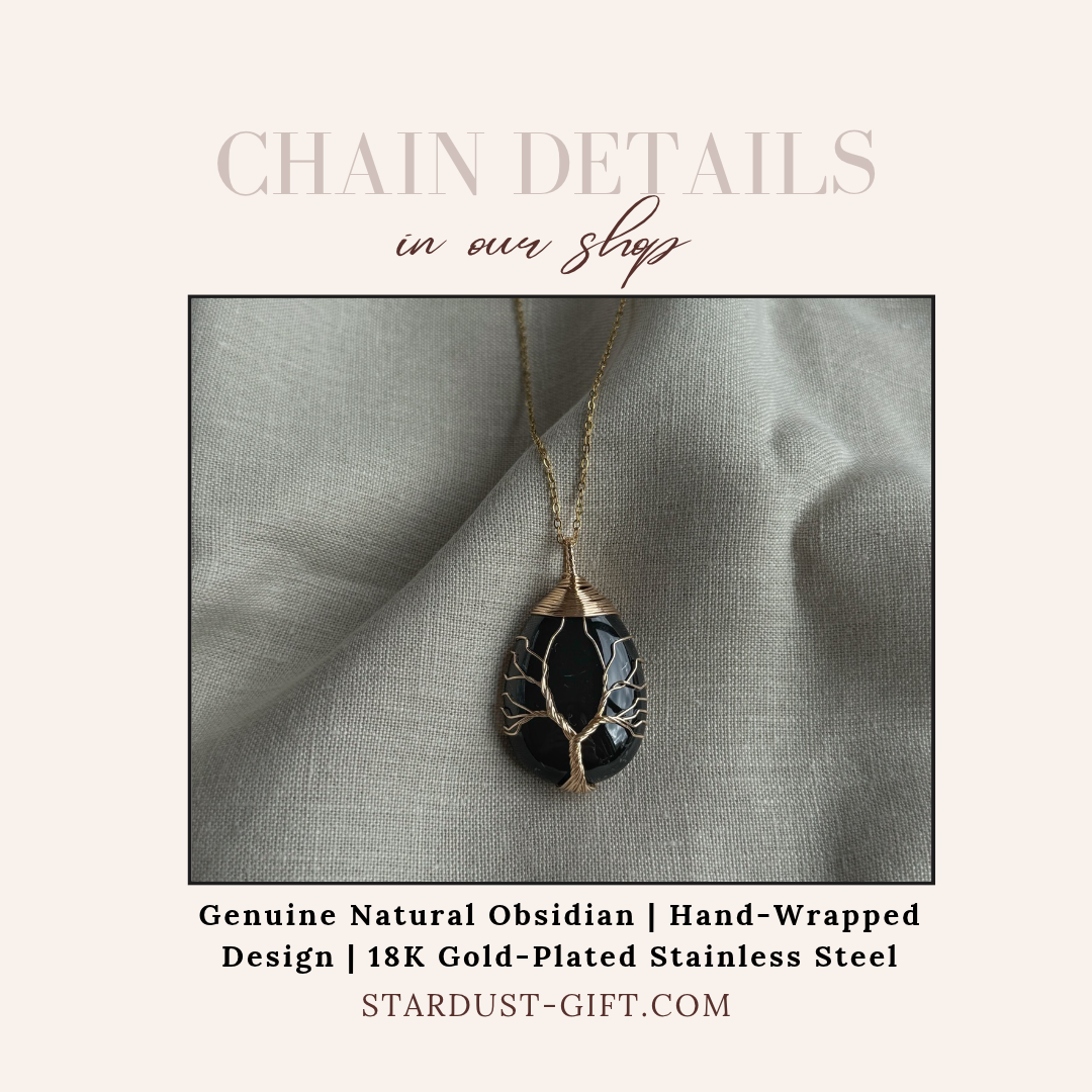 Obsidian Pendant, gold wired Tree Of Life pendant