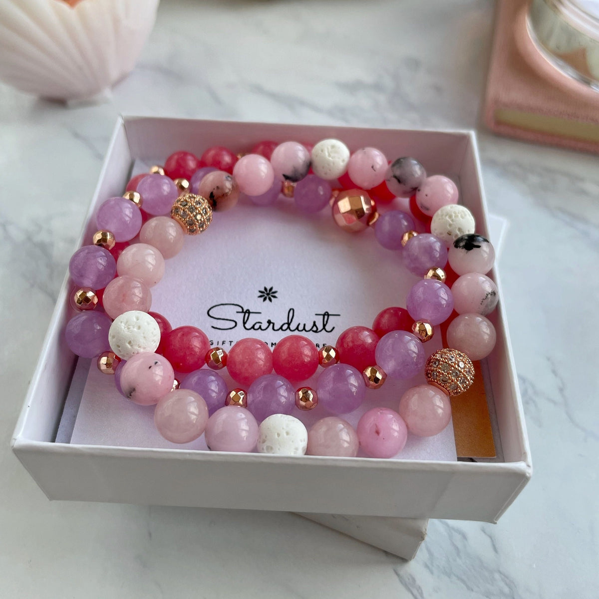 Set of pink natural stone bracelets