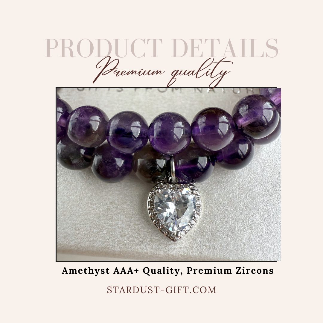 Luxury Amethyst Bracelet Set for Women, Natural Amethyst Beaded Bracelet & Heart Charm