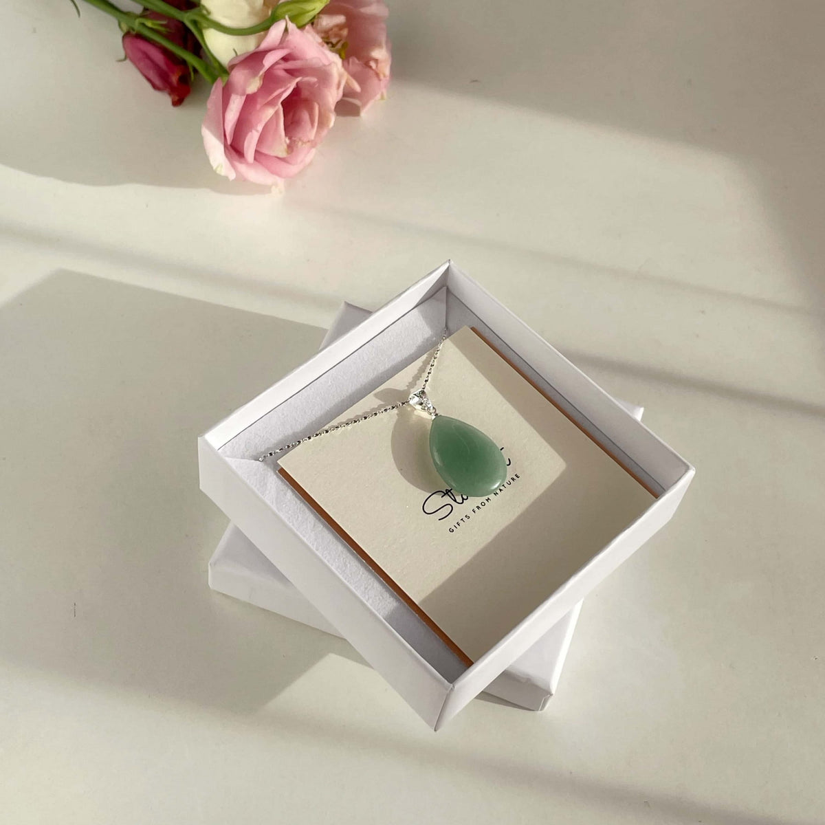 Natural Green Aventurine Drop Necklace | Gold & Silver Gemstone Pendant