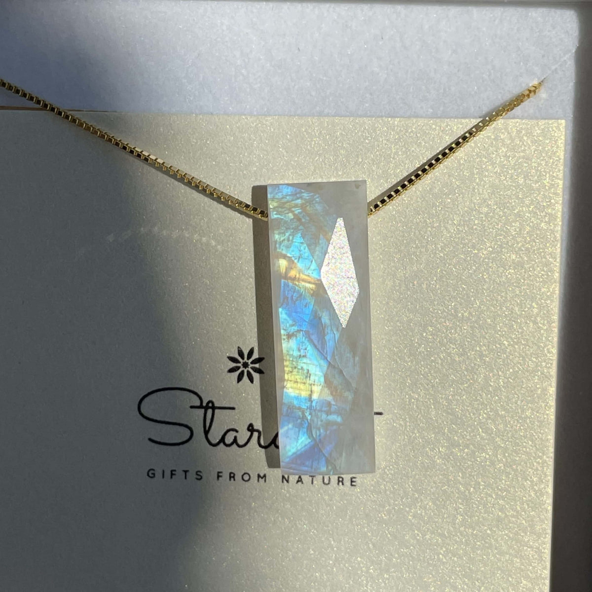 Rainbow Moonstone Bar Necklace 3cm | 18K Gold Plated