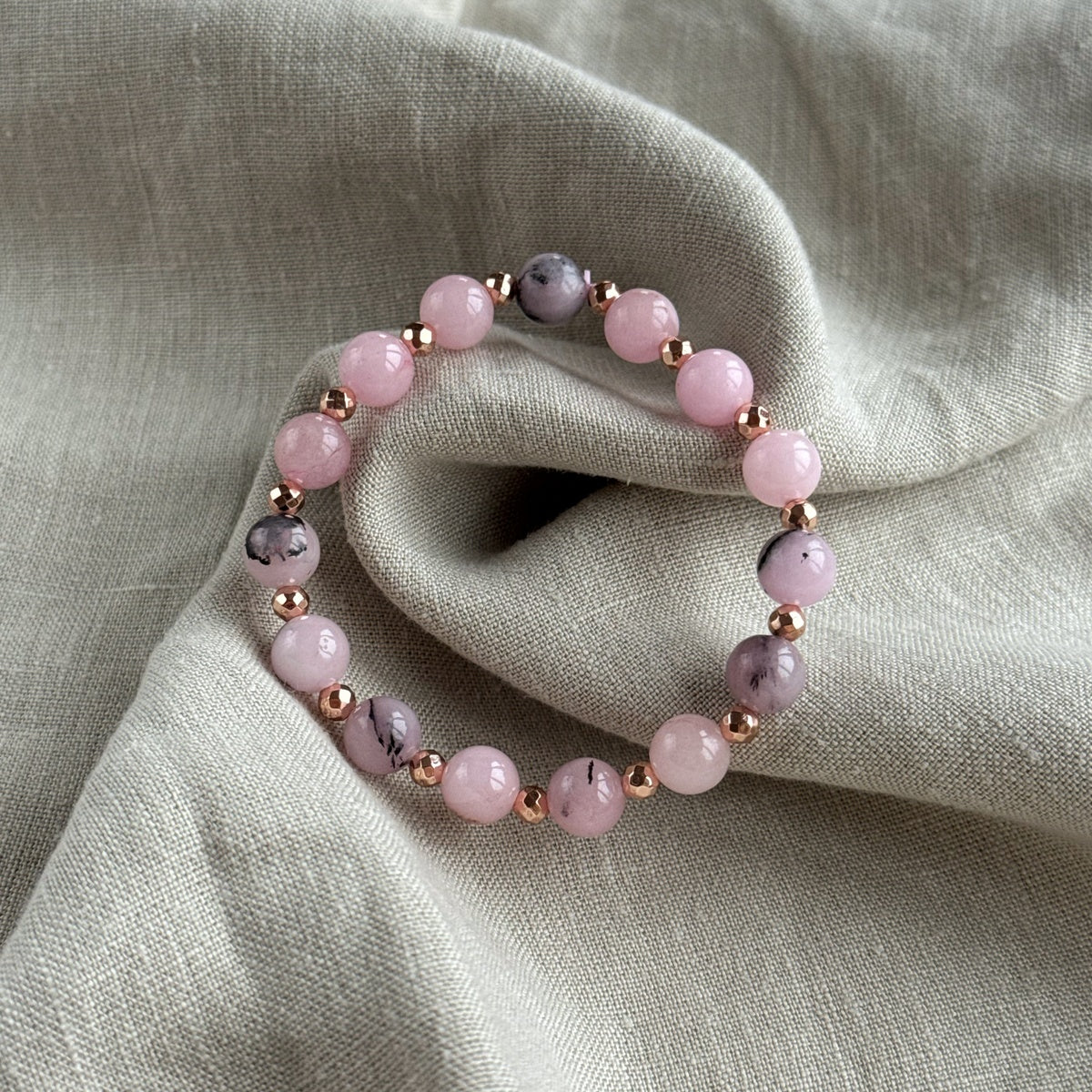 Pink Rhodonite Bracelet | Natural Gemstone & Rose Gold Hematite