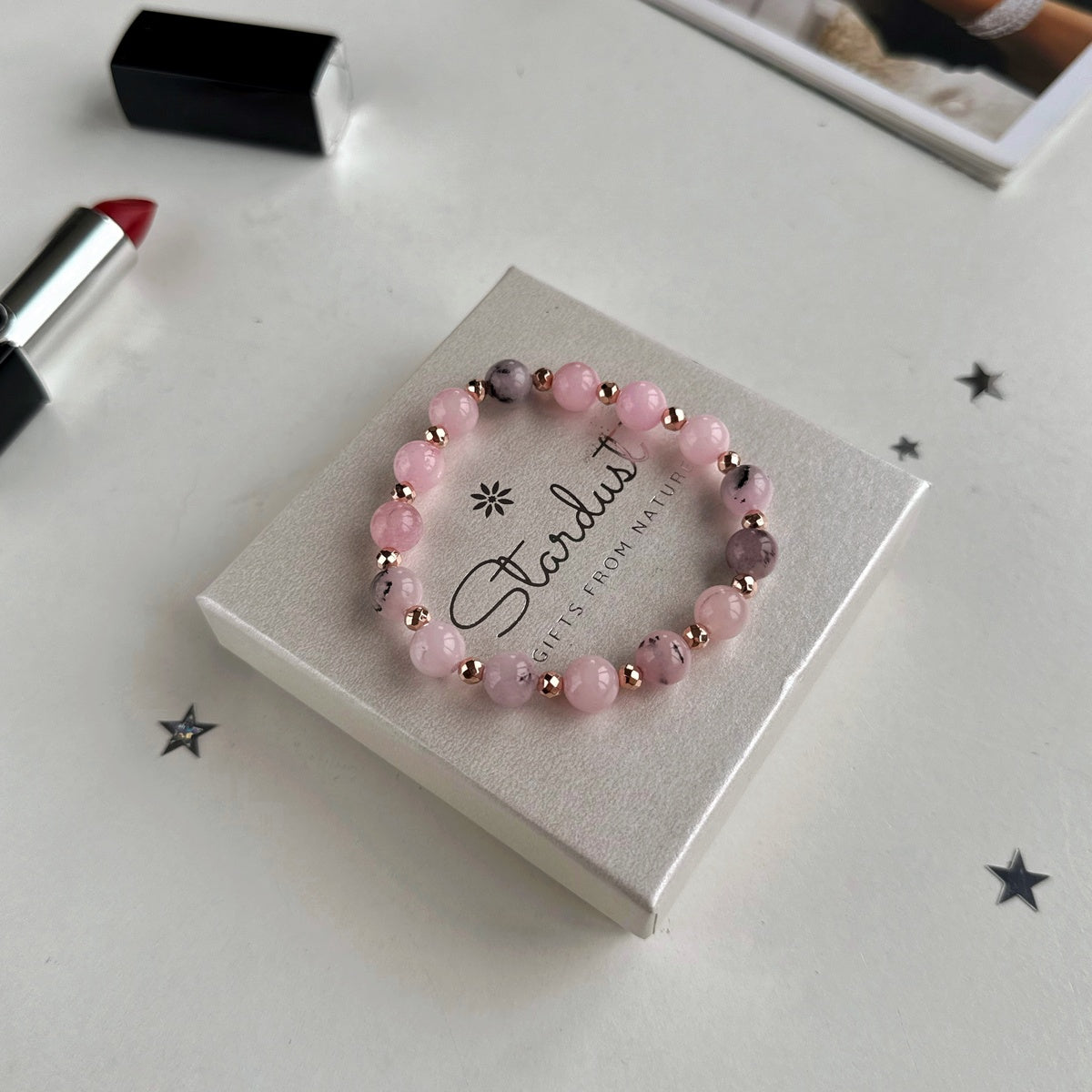 Pink Rhodonite Bracelet | Natural Gemstone & Rose Gold Hematite