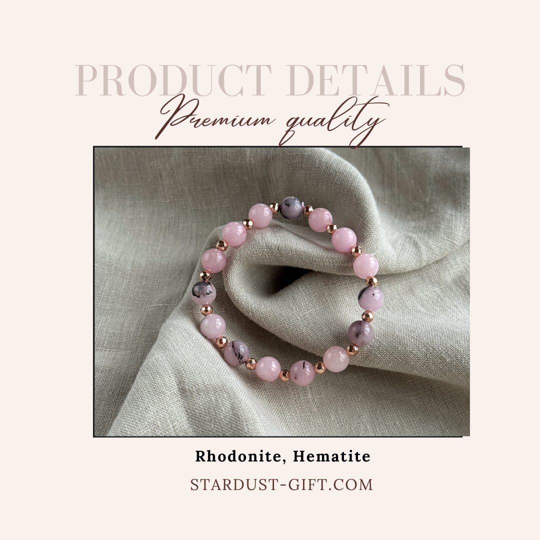 Pink Rhodonite Bracelet | Natural Gemstone & Rose Gold Hematite