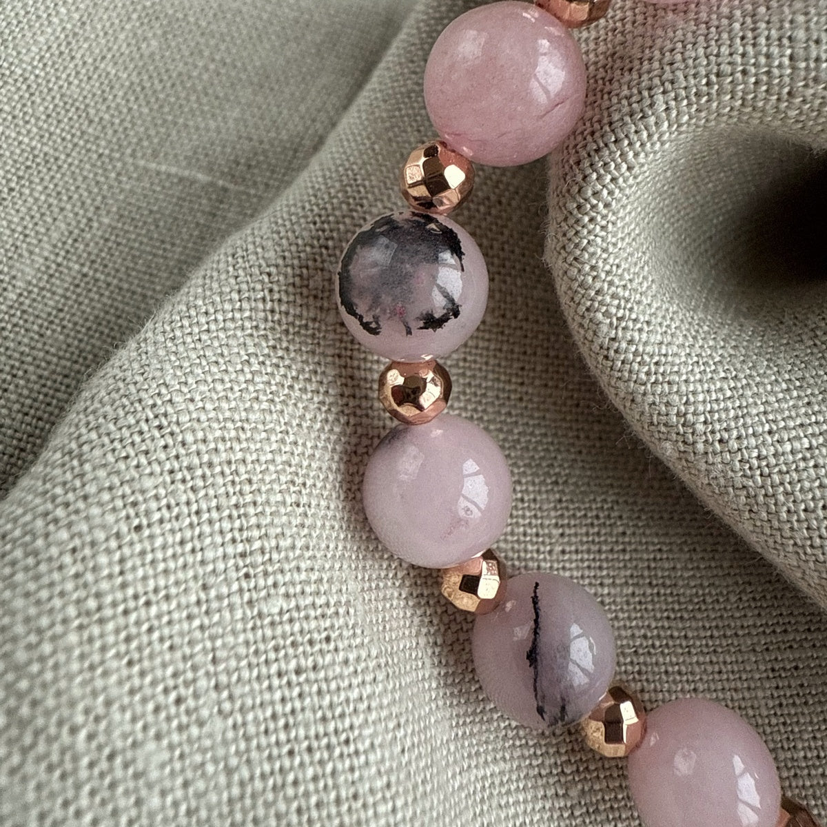Pink Rhodonite Bracelet | Natural Gemstone & Rose Gold Hematite