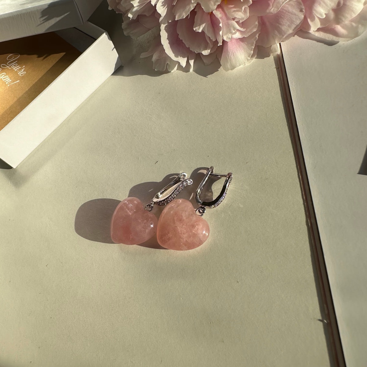 Rose Quartz Heart Earrings | Rhodium-Plated & Sparkling Zirconia