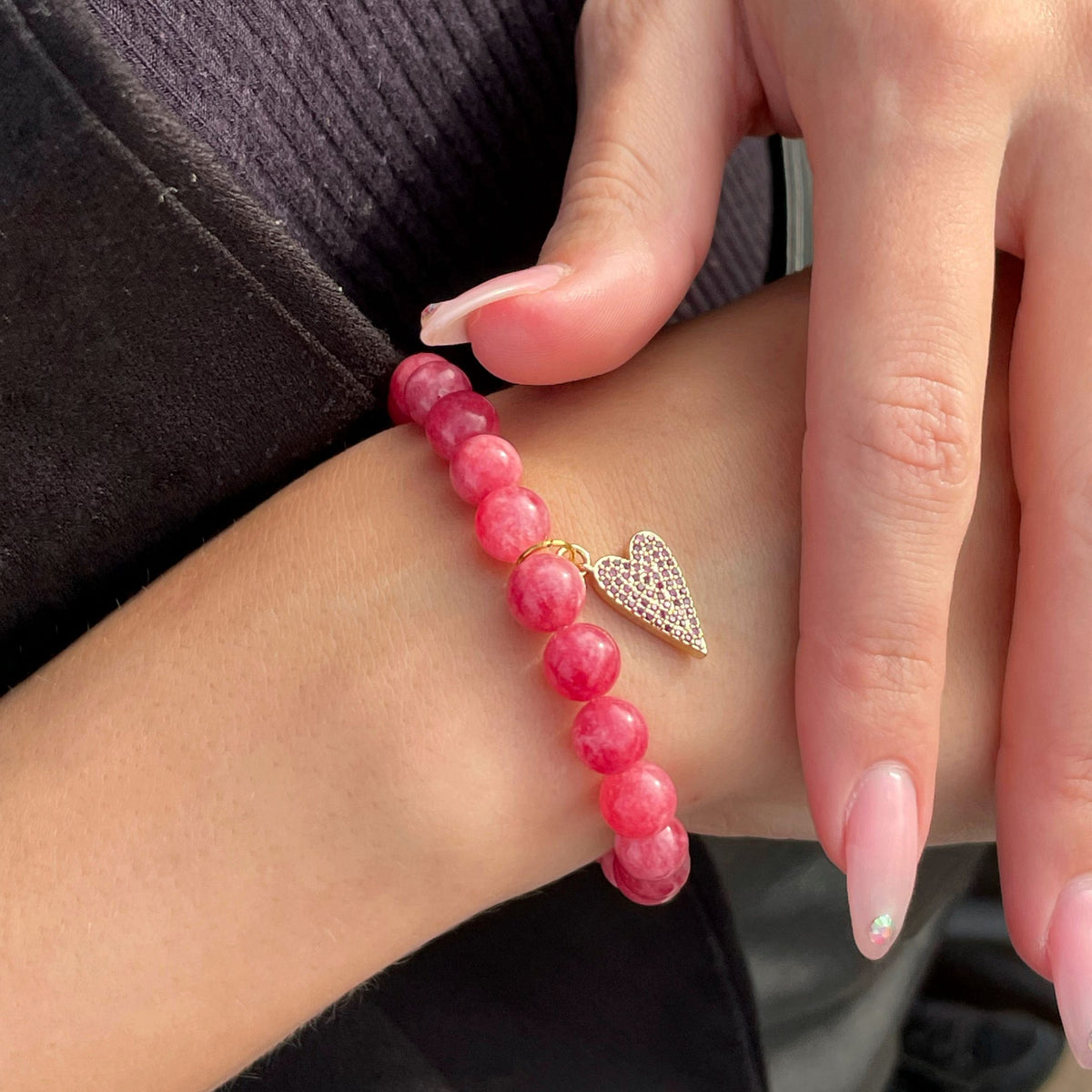 Rose Jade Heart Charm Bracelet | Pink Gemstone & Gold Zirconia