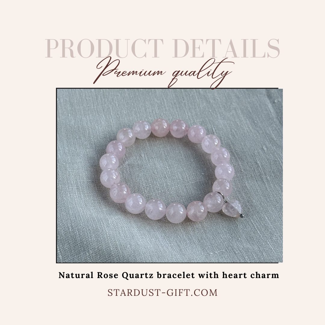 Rose Quartz beaded bracelet 10mm with heart charm