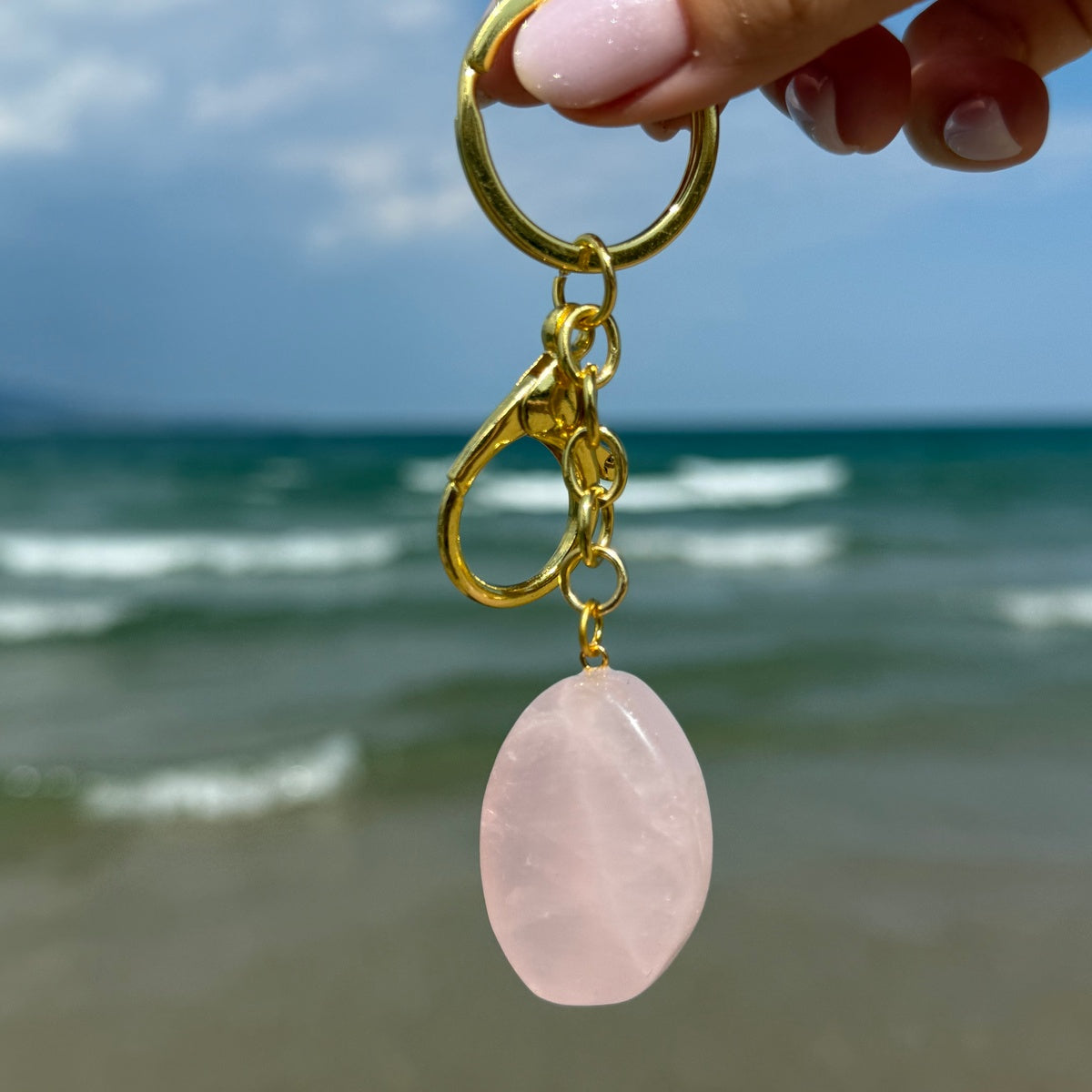 Natural Crystal Keychain, Large Tumbled Gemstone Keychain, Crystal Gift, Gold Keyring with Clasp