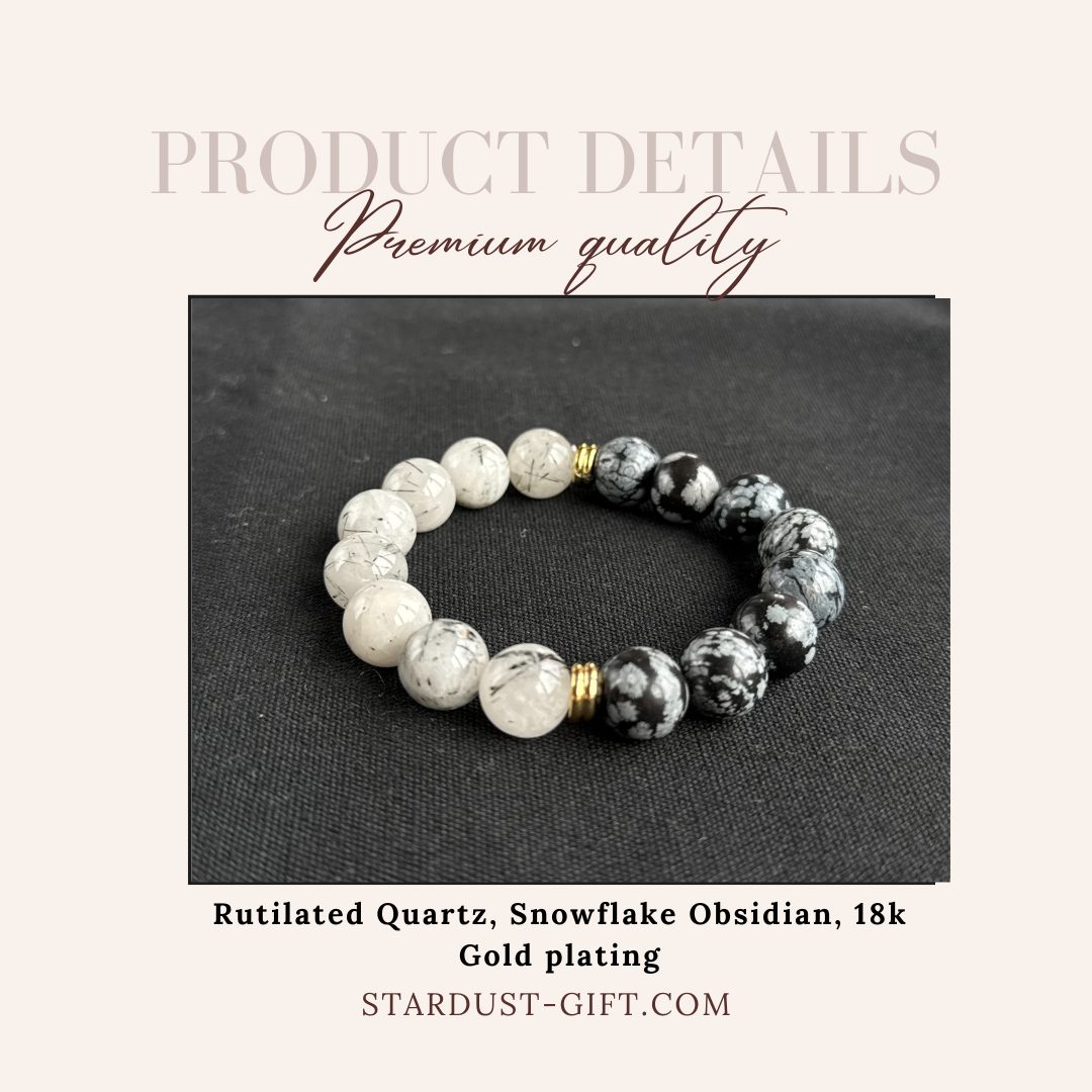 Snowflake Obsidian & Rutilated Quartz Bracelet | 18K Gold Accents