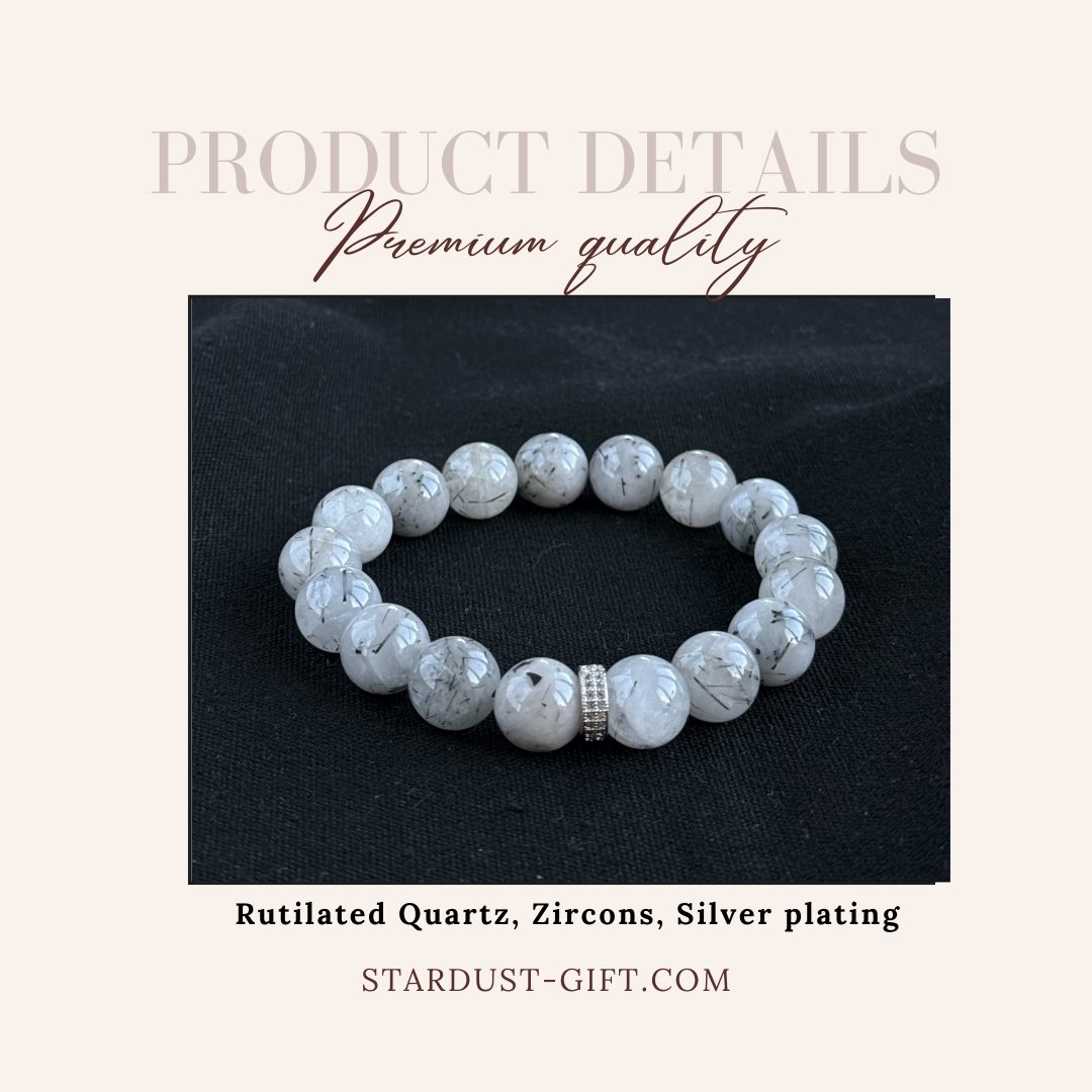 Rutilated Quartz Bracelet | Natural Gemstone & Zircon Accent