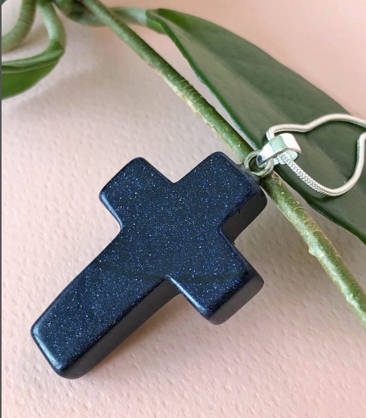 Large Blue Goldstone Cross Pendant Necklace 4cm | Midnight Blue Gemstone Jewelry
