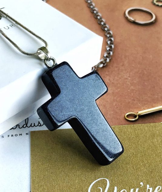 Large Blue Goldstone Cross Pendant Necklace 4cm | Midnight Blue Gemstone Jewelry