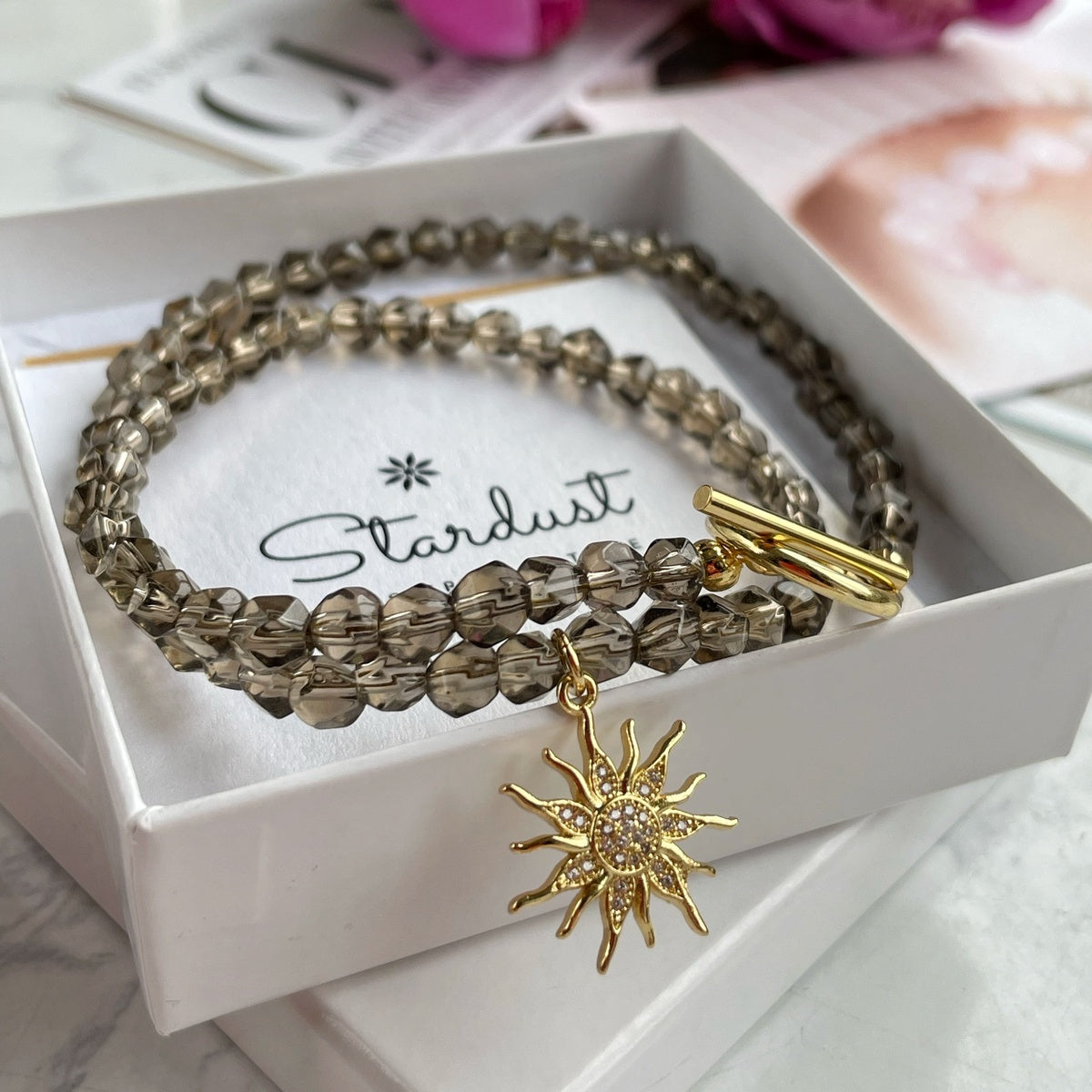 Luxury Smoky Quartz beaded necklace with gold Sun charm