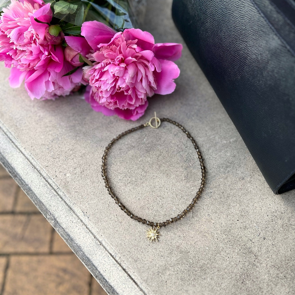 Luxury Smoky Quartz beaded necklace with gold Sun charm