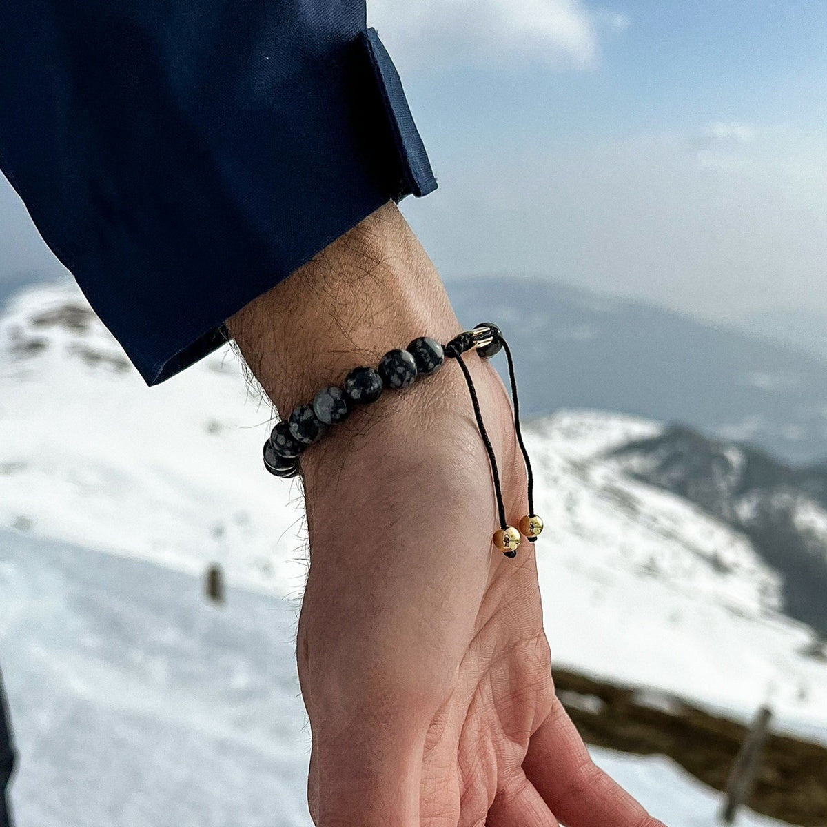 Men’s Snowflake Obsidian Bracelet | 18K Gold & Adjustable