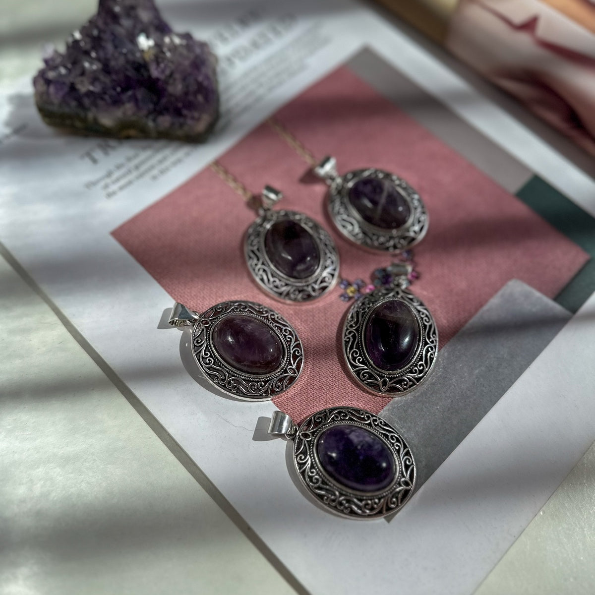 Vintage Floral Frame Gemstone Necklace | Natural Stone Pendant