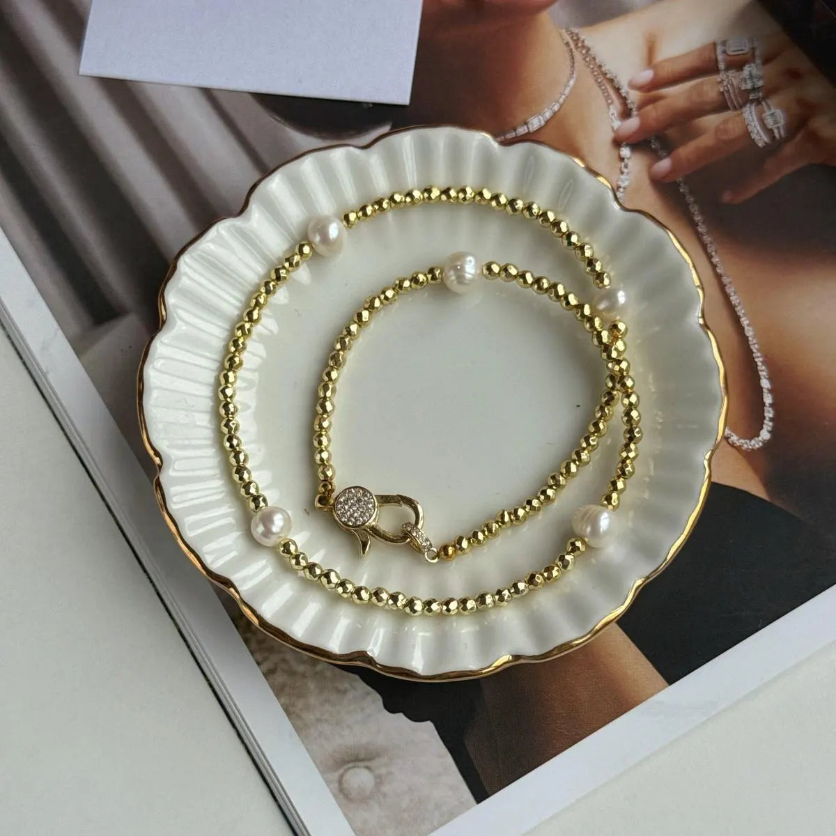 Luxury Freshwater Pearl Choker | Gold Hematite & Zircon Clasp