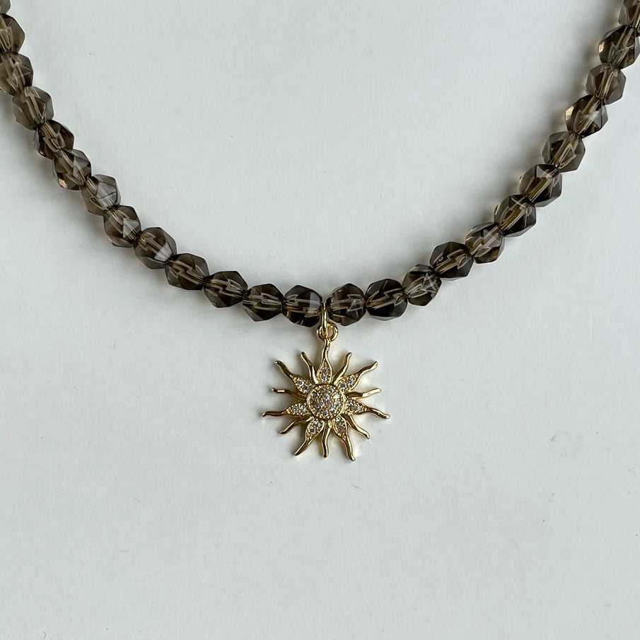 Luxury Smoky Quartz beaded necklace with gold Sun charm
