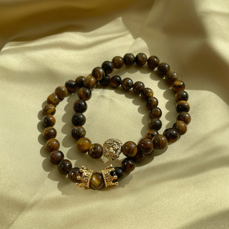 Men’s Tiger Eye Bracelet Set | Silver, Gold & Black Lion